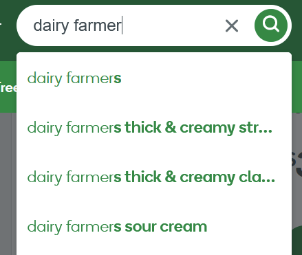 Screenshot of Woolworths online shopping website showing suggested results starting with 'Dairy Farmer'