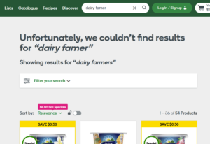 Screenshot of Woolworths online shopping website showing search results for 'dairy famer' (misspelling of Dairy Farmers)