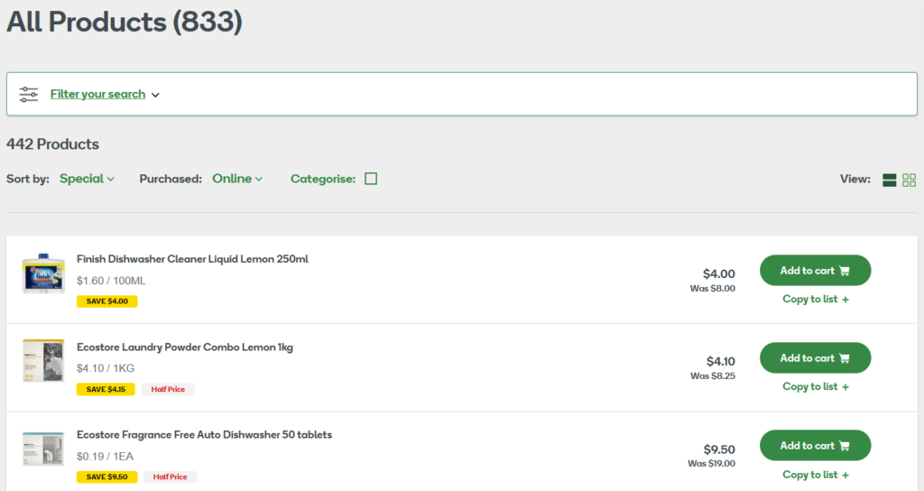 Screenshot of Woolworths online shopping website showing the Lists functionality.