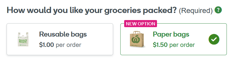 Screenshot of Woolworths online shopping website showing 'bagging options at checkout - Paper bags, or Reusable bags.