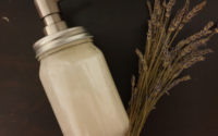 Close up of homemade liquid hand soap and dried lavender. Photo by One Woman's Notebook.